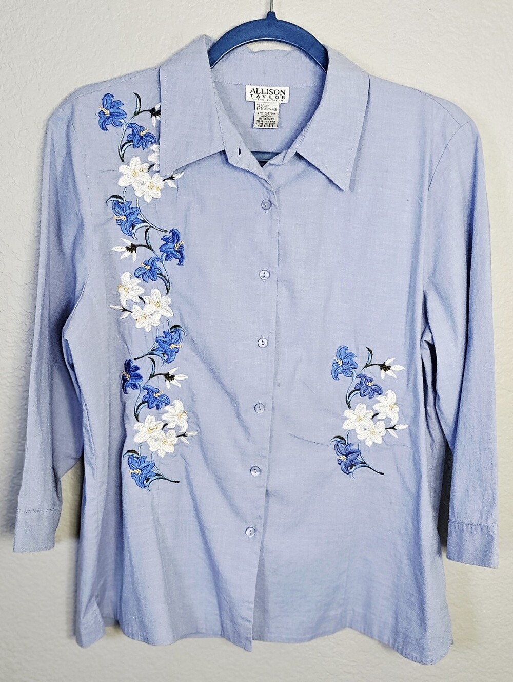 Allison Taylor XL Blue Embroidered Floral Button Front Blouse Cottagecore